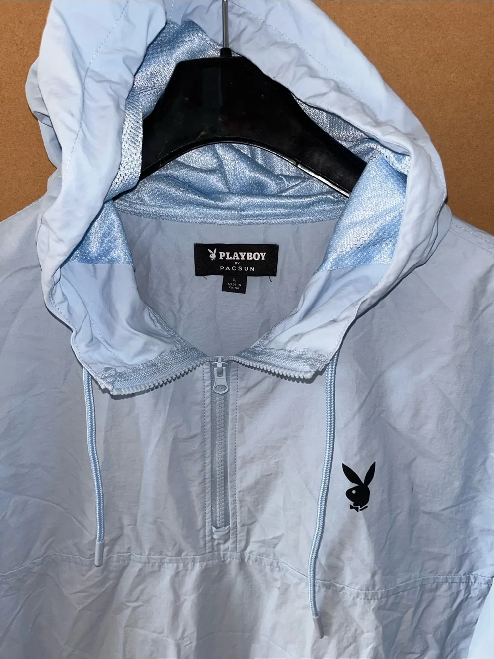 NWT PacSun Playboy 1/4 Zip Windbreaker Hoodie Sz Large Blue Nylon New $$